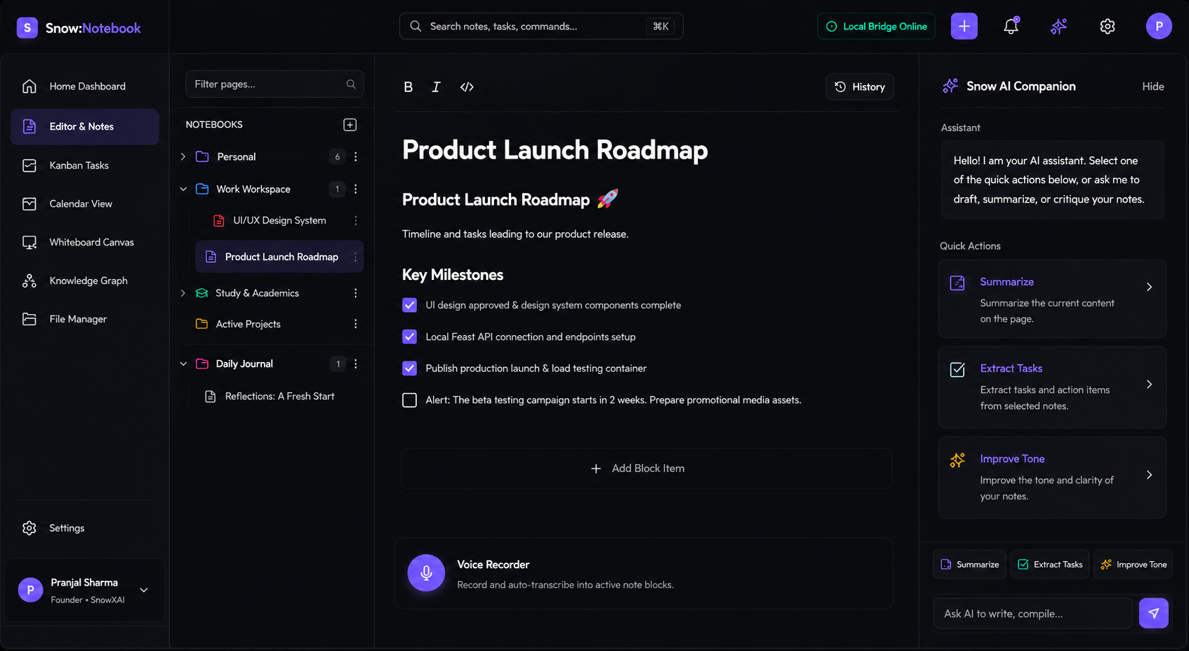 Snow:Notebook Main Knowledge Dashboard UI