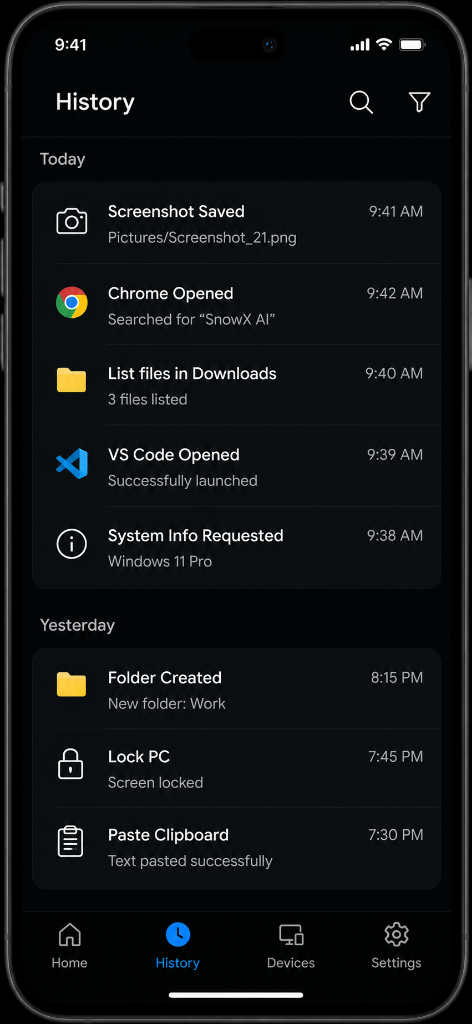 Snow Core Mobile History Screen